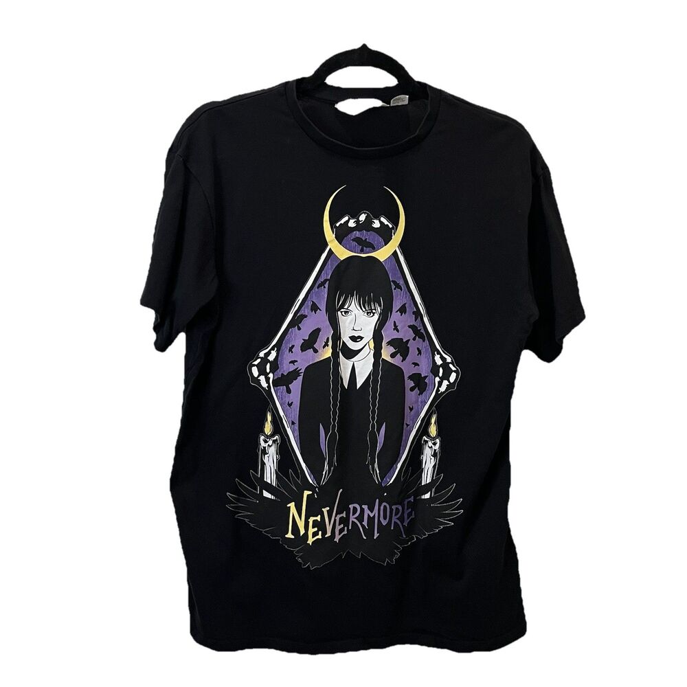 H&M Wednesday Addams Black Graphic Tee Shirt Short Sleeve Womens Size 16/18